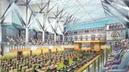 An artist's rendering of the temporary House of Commons chamber, in the West Block, to open next fall. MPs' offices in the newly renovated building have been designed to prevent eavesdropping. (Government of Canada)